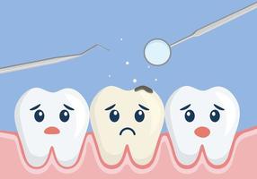 concept de cavité dentaire. dents saines souriantes avec une dent de carie triste. problème dentaire. mal de dents.soins bucco-dentaires. vecteur