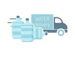 concept de service de livraison d'eau. grands contenants de bouteilles d'eau en plastique et icône de piste sur fond blanc. vecteur