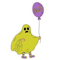 illustration vectorielle d'un enfant portant un costume de fantôme et un ballon avec un mot boo. idéal pour les cartes de voeux et les affiches d'halloween vecteur