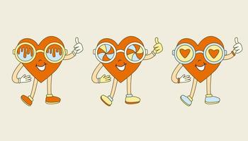 affiche d'ambiance hippie avec des personnages en forme de coeur portant des lunettes de soleil ou des lunettes psychédéliques. illustration vectorielle rétro des années 70. style de dessin animé génial. vecteur