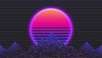 paysage de montagne de fond rétro de style années 80. synthwave, retrowave, cyber néon. vecteur