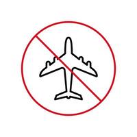 icône d'interdiction de la ligne noire de l'avion aérien. pictogramme de contour interdit d'avion d'avertissement. symbole de cercle d'arrêt rouge de l'aviation. alerter aucun signe d'aéronef. attention vol jet interdit danger. illustration vectorielle. vecteur