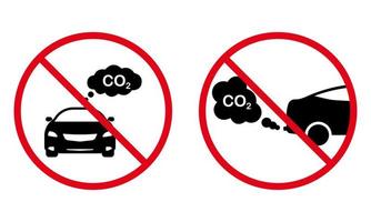 icône de silhouette noire d'interdiction de co2 d'échappement de voiture interdite. pictogramme de gaz de moteur de voiture interdit. aucun signe de pollution par émission autorisé. symbole de cercle d'arrêt rouge de fumée de tuyau de véhicule. illustration vectorielle isolée. vecteur