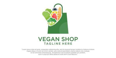 magasin de légumes. combinaison de végétaliens et de sacs à provisions. vecteur de modèles de logo premium