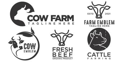 jeu d'icônes étiquette de logo d'emblème de silhouette de tête de vache. illustration vectorielle. vecteur