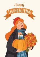 illustration de joyeux thanksgiving. jolie dame avec citrouille et fleurs. conception de vecteur pour carte, affiche, dépliant, web et autre utilisation