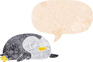 pingouin de dessin animé et bulle de dialogue dans un style texturé rétro vecteur