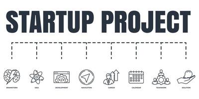 projet de démarrage et ensemble d'icônes web de bannière de développement. solution, remue-méninges, calendrier, idée, développement, travail d'équipe, carrière, concept d'illustration vectorielle de navigation. vecteur