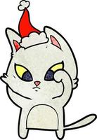 dessin animé texturé confus d'un chat portant un bonnet de noel vecteur