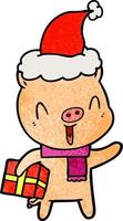 heureux dessin animé texturé d'un cochon avec un cadeau de noël portant un bonnet de noel vecteur