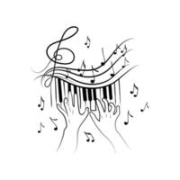 le concept de jeu de piano inspiré, un doodle dessiné à la main. clés. clé de violon et notes volantes. musique. inspiration. les mains du pianiste. illustration vectorielle isolé sur fond blanc vecteur