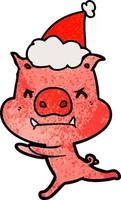 dessin animé texturé en colère d'un cochon portant un bonnet de noel vecteur