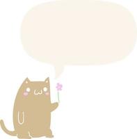 chat de dessin animé mignon et fleur et bulle de dialogue dans un style rétro vecteur
