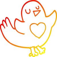 ligne de gradient chaud dessinant un oiseau de dessin animé avec un coeur d'amour vecteur