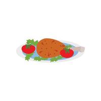 sur fond blanc, des cuisses de poulet frites chaudes avec une garniture de légumes et de tomates sont placées sur une assiette. vecteur