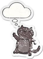 chat de dessin animé et bulle de pensée comme un autocollant usé en détresse vecteur