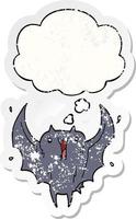 dessin animé chauve-souris vampire heureux et bulle de pensée comme un autocollant usé en détresse vecteur