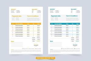 décoration de modèle de facture minimale moderne avec section d'informations commerciales. reçu de paiement et modèle de facture avec des couleurs jaunes et bleues. traqueur d'informations d'achat et de vente de produit et vecteur de reçu de caisse.