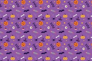 décoration de motif effrayant halloween sur fond violet. conception de motifs d'éléments d'halloween pour les couvertures de livres, les papiers peints et les draps de lit. vecteur de modèle minimal d'halloween avec sorcellerie et citrouilles.