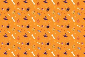 vecteur de fond de motif halloween avec des citrouilles effrayantes et des os humains. décoration de motif fantasmagorique d'halloween pour les couvertures de livres, les papiers peints et les draps de lit. motif sans fin d'halloween sur fond orange