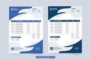 reçu de paiement et vecteur de modèle de facture commerciale. décoration de facture d'entreprise avec une nuance de couleur bleu foncé. décoration de facture créative avec des formes abstraites. modèle de facture de reçu de caisse.