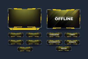 vecteur de superposition d'écran de streaming en direct pour les joueurs en ligne. superposition de diffusion en continu avec des couleurs jaunes et sombres. décoration de superposition de jeux en direct avec des boutons d'abonnement et un écran hors ligne.