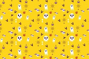 motif d'halloween sans fin avec différents éléments effrayants sur fond jaune. décoration abstraite de motif d'halloween pour les couvertures de livres, les arrière-plans et les draps de lit. vecteur de modèle sans couture.