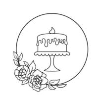 gâteau traditionnel sur pied avec des fleurs en cercle. illustration vectorielle dans le style de contour isolé sur blanc. logo pour boulangerie, café vecteur