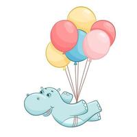 hippopotame mignon dessin animé dessiné à la main volant sur illustration vectorielle de ballons. hippopotame isolé sur fond blanc. personnage de bébé mignon vecteur