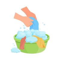 illustration vectorielle laver les vêtements à la main dans un bassin avec de la mousse de savon isolé sur fond blanc vecteur