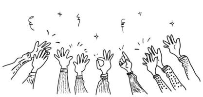 main dessinée de mains applaudissant ovation. applaudissements, geste du pouce levé sur les mains de doodle vers le haut. illustration vectorielle vecteur