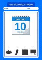 trouver le bon jeu d'ombres avec calendrier. feuille de travail pour les enfants d'âge préscolaire, feuille d'activité pour enfants vecteur