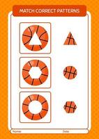 jeu de modèle de match avec le basket-ball. feuille de travail pour les enfants d'âge préscolaire, feuille d'activité pour enfants vecteur