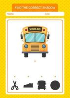 trouver le bon jeu d'ombres avec le bus scolaire. feuille de travail pour les enfants d'âge préscolaire, feuille d'activité pour enfants vecteur