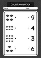 comptez et faites correspondre le jeu avec le chapeau de graduation. feuille de travail pour les enfants d'âge préscolaire, feuille d'activité pour enfants vecteur