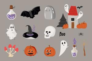 ensemble d'illustrations souriantes et amusantes pour citrouilles d'halloween, fantôme, chauve-souris, maison. ensemble d'icônes isolées, illustration vectorielle. vecteur