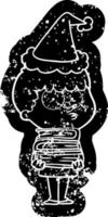 icône de dessin animé en détresse d'un garçon curieux avec beaucoup de livres portant un bonnet de noel vecteur