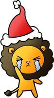 dessin animé dégradé d'un lion qui pleure portant un bonnet de noel vecteur