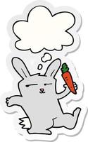 lapin de dessin animé avec carotte et bulle de pensée comme autocollant imprimé vecteur