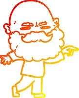 ligne de gradient chaud dessinant un homme de dessin animé avec une barbe fronçant les sourcils et pointant vecteur