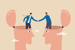 compétence de négociation pour le leadership, accord de partenariat ou réunion de collaboration, psychologie pour traiter avec les gens ou concept de collaboration pour le succès, homme d'affaires serrant la main des têtes pour un accord. vecteur