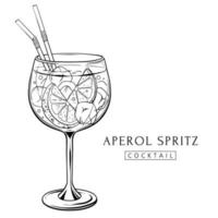 cocktail aperol spritz, boisson alcoolisée dessinée à la main avec tranche d'orange et glace. illustration vectorielle vecteur