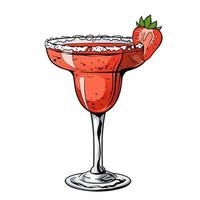 cocktail de margarita aux fraises, boisson alcoolisée dessinée à la main avec des baies et du sel. illustration vectorielle
