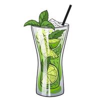 cocktail mojito, cocktail dessiné à la main avec glace, menthe et citron vert. illustration vectorielle