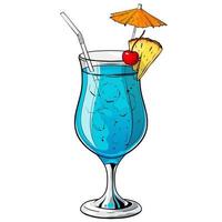 cocktail lagon bleu, boisson alcoolisée dessinée à la main avec tranche d'ananas, cerise et parapluie. illustration vectorielle sur fond blanc vecteur