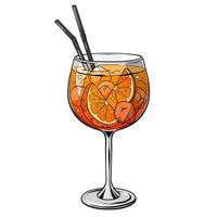 cocktail aperol spritz, boisson alcoolisée dessinée à la main avec tranche d'orange et glace. illustration vectorielle