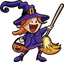 sorcière halloween souriant avec balai vecteur