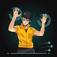 concept de technologie numérique d'intelligence artificielle. jeune garçon collant ses mains sur un écran transparent illustration vectorielle téléchargement gratuit