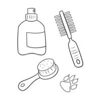 ensemble monochrome d'icônes et d'autocollants, outils pour le toilettage des animaux, illustration vectorielle en style cartoon sur fond blanc vecteur