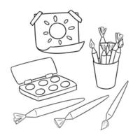 image monochrome, ensemble d'images, pinceaux, dessin et une boîte de peintures à l'aquarelle, outils de dessin, illustration vectorielle de dessin animé sur fond blanc vecteur